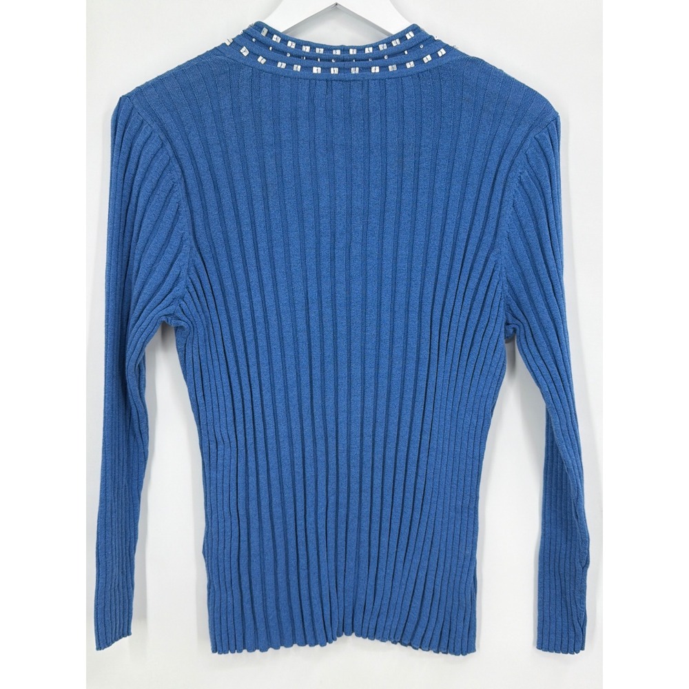 Vtg Sigrid‎ Olsen Sport Blue Ribbed V-Neck Beaded Sweater Lg Cotton Rayon Blend - Picture 2 of 7